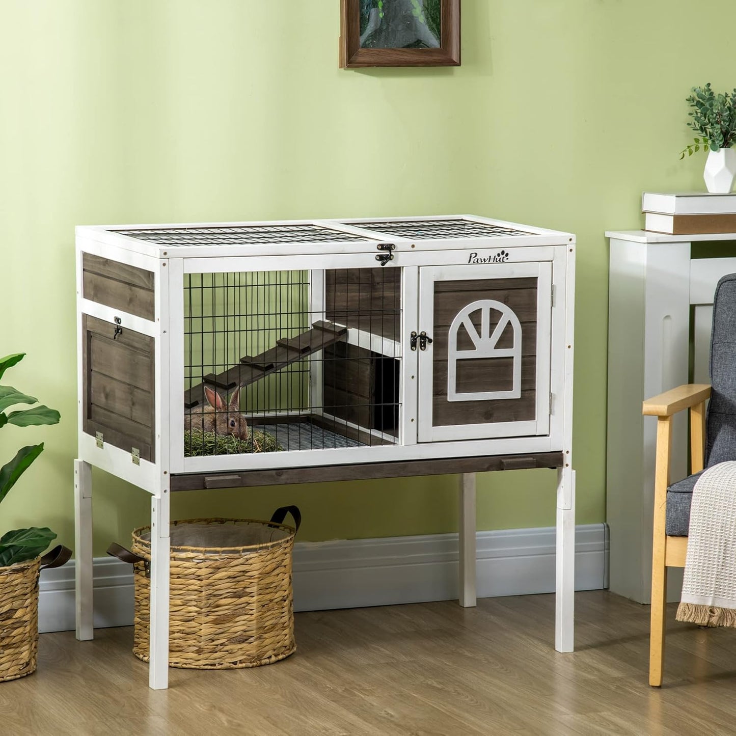PawHut Wooden Rabbit Hutch, Indoor Elevated Guinea Pig Cage with Run, Ladder, Lockable Doors and Removable Tray, Coffee