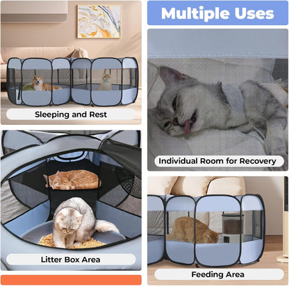 2-in-1 Dog Playpen, Pop Up Cat Puppy Pet Playpen, Indoor Outdoor Cats Enclosed, Cat Tent Crate Cage Kennel, Portable Playpen for Kitten and Small Animals(No Divider, Unified Space)