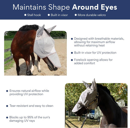 Horse Fly Mask with Nose Cover and Ears | 95% UV Eye Protection | Built-in Visor | Breathable, Lightweight Mask | Adjustable Fit for Comfort Horse Medium/Large Size