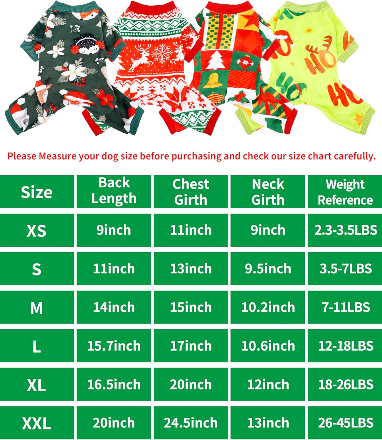 PET SHOW 4 Pack Christmas Small Dog Pajamas Holiday Dog Clothes for Medium Dogs Girl Boy Soft Stretchy PJs Xmas Jumpsuit Puppy Cats Onesies Red Green Outfits with Sleeve Pets Dachshund Costume L
