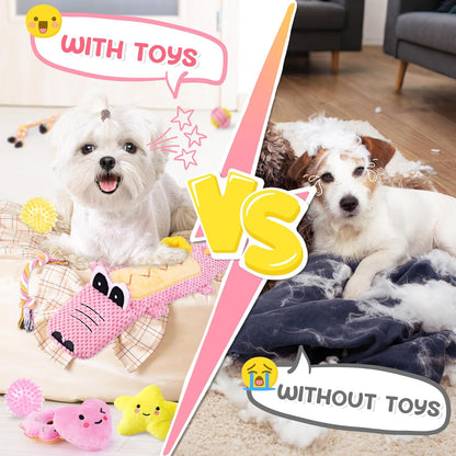 KIPRITII 25-Pack Pink Dreamy Dog Toy Set for Small Female Puppies - Includes Sweet Rope Toys, Chew Toys, Cute No-Stuffing Squeaky Dog Toy for Boredom and Teething