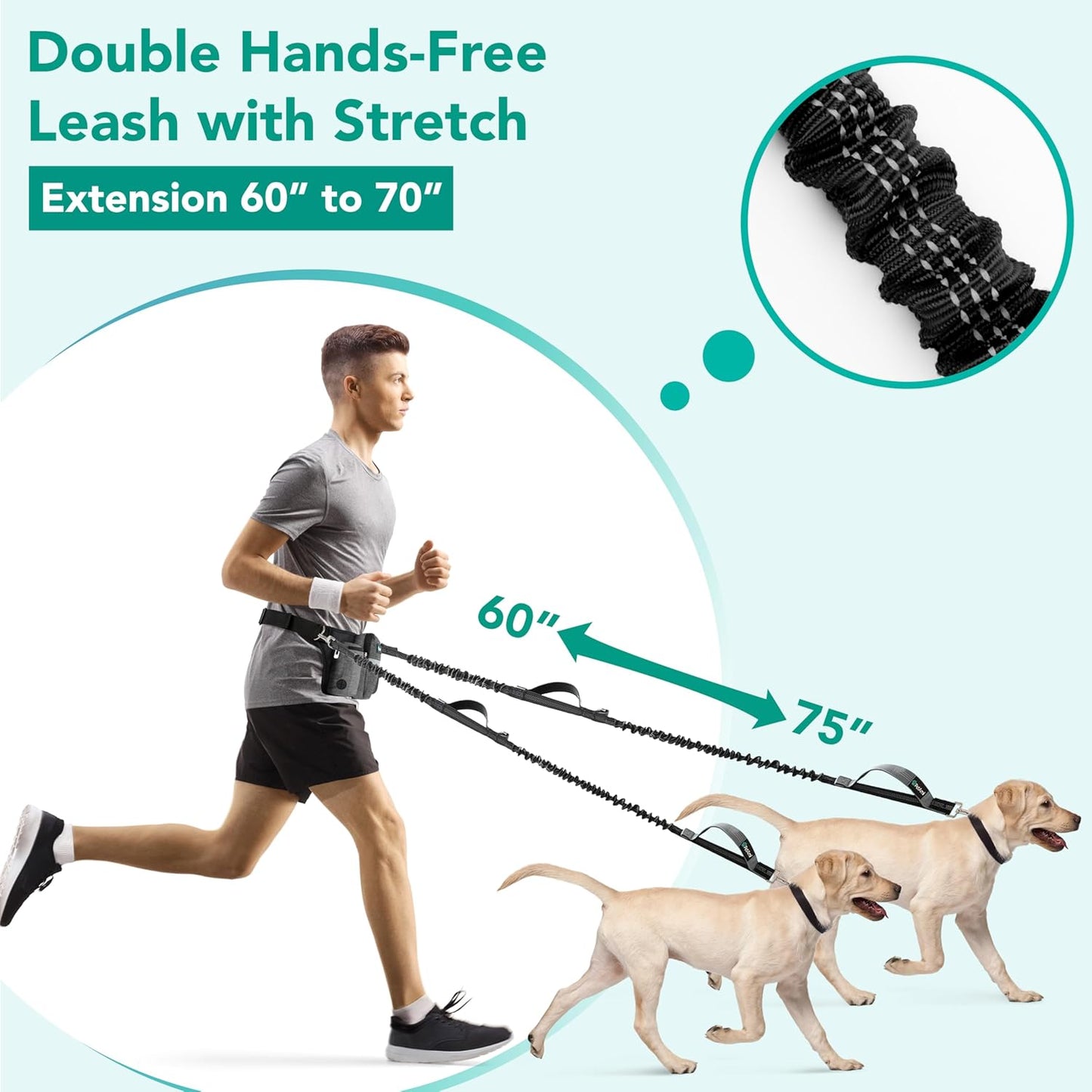 PetAmi Premium Hands Free Dog Leash for 2 Dogs, Adjustable Waist Belt Leash for Dog Walking, Fanny Pack Accessories Bag Dual Bungee Leash for Running, Hiking, Jogging, Biking, Charcoal Grey