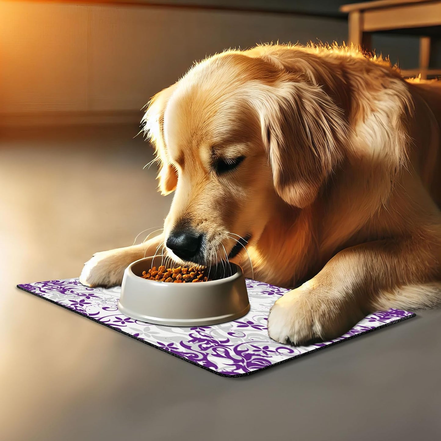 Lunarable Purple and White Pet Mat for Food and Water, Floral Blooms Grunge Violets Bouquet Violet Paintbrush Effects, Non-Slip Rubber Mat for Dogs and Cats, 18" X 12", Grey Purple