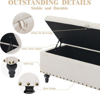 Mangodan51” Linen End of Bed Storage Bench, Tufetd Upholstered Storage Ottoman Bench with Safety Hinge, 330 lb Large Ottoman with Storages for Living Room, Entryway & Bedroom, Window Benches, Beige