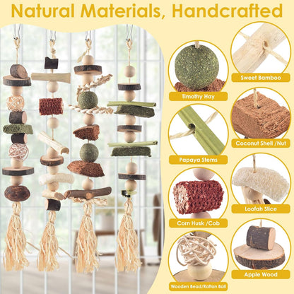 4 Pcs Bunny Chew Toys for Teeth, Hanging Rabbit Chewing Toy Treats with Timothy Grass & Natural Apple Wood, Improve Small Rodent Dental Health for Guinea Pig Hamster Chinchilla Rat Gerbil