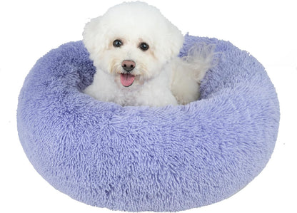 Best Pet Supplies Round Donut Dog Bed with Plush Faux Fur Fabric, Calming, Anti-Anxiety Cushion for Indoor Pets, Slip-Resistant Base, Soft Ergonomic Support - Lavender, 27x27x7.5''