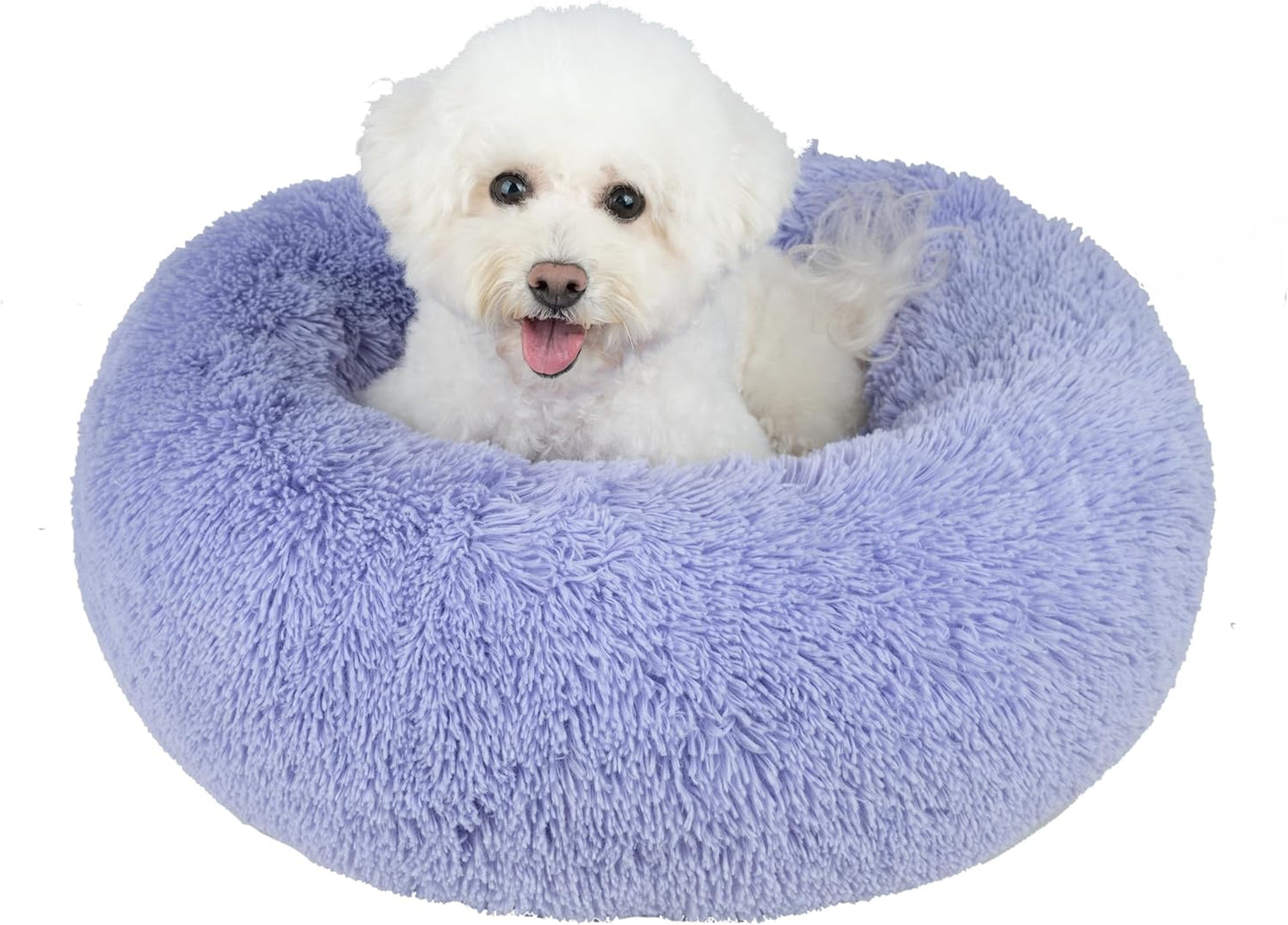 Best Pet Supplies Round Donut Dog Bed with Plush Faux Fur Fabric, Calming, Anti-Anxiety Cushion for Indoor Pets, Slip-Resistant Base, Soft Ergonomic Support - Lavender, 30x30x8''