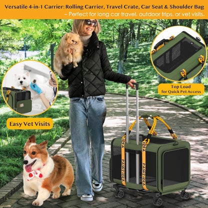 PAWZIDEA Expandable Pet Carrier with Wheels, 24x16x16in Large Cat Carrier for 2 Cats, Soft-Sided Dog Carriers for Small Medium Dog, Collapsible Rolling Travel Bag w/Telescopic Handle, XL Stroage Bag