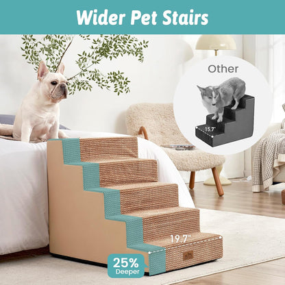Dog Stairs for Small Dogs, 5 Tier Removable Wider Pet Stairs for Couch and Bed, 23.6" H Non-Slip Dog Steps for Puppies and Old Cats with Support Board, 29.5x19.7x23.6 inch, Light Brown