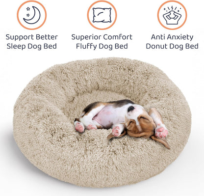 Donut Dog Bed - Premium Comfort for Anxiety Relief - Fluffy & Calming Design with Ultra-Plush Support | Cozy Round Dog Bed with Super Soft Circle Style (Size XL Beige)