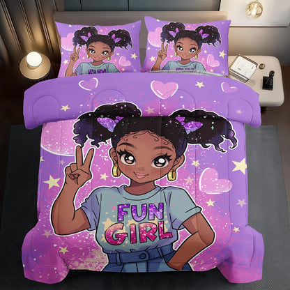 African American Black Girl Comforter Set King Size,Cute Black Girl Bedding Set King for Kids,Kawaii Heart Comforter Purple Bedding Decor for Teen,Purple Bed Quilt