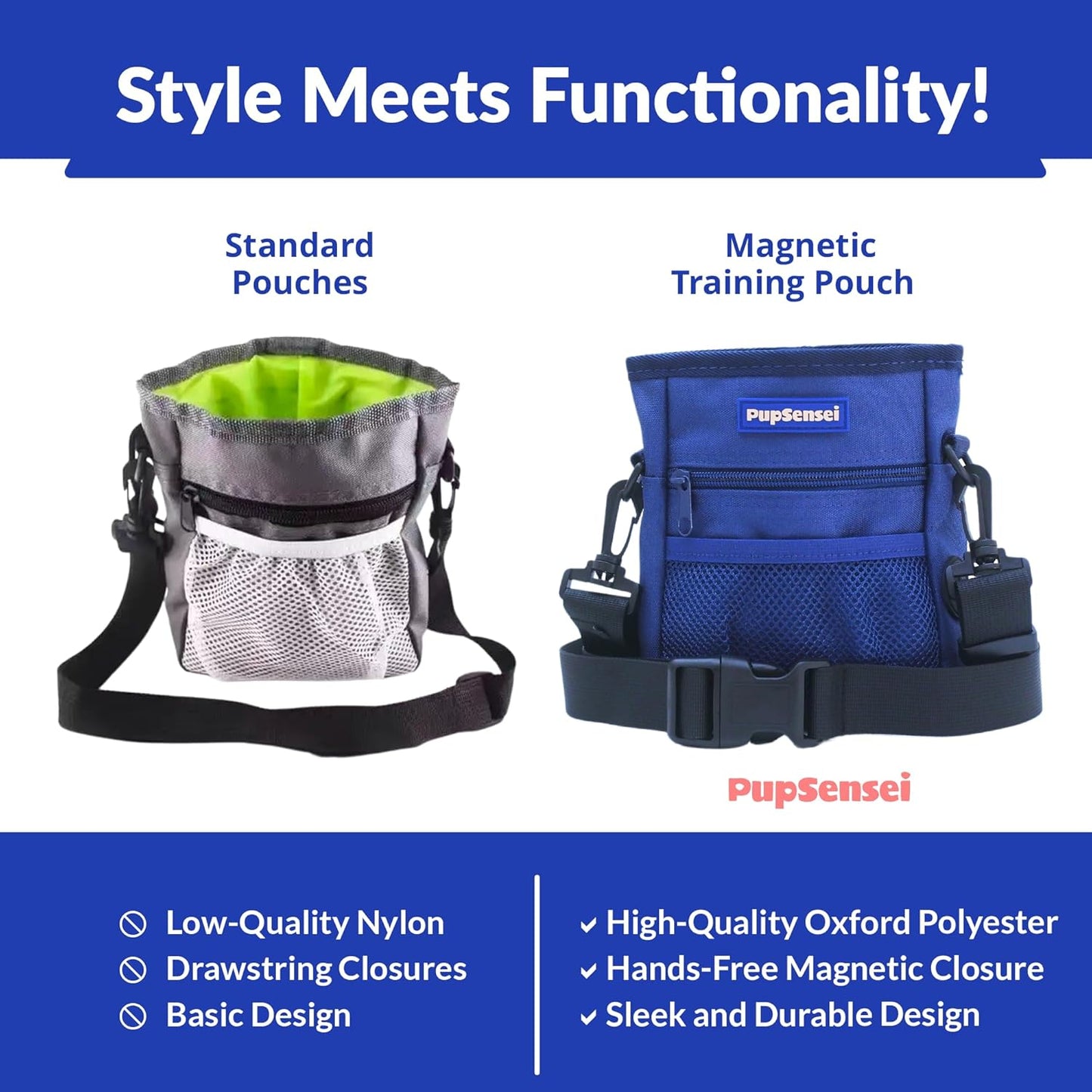 Dog Treat Pouch, Durable Oxford Polyester, No-Spill Magnetic Closure, Treat Pouches for Pet Training with Metal Clip, Waist Belt, Adjustable Strap, Poop Bag Dispenser (Navy Blue)