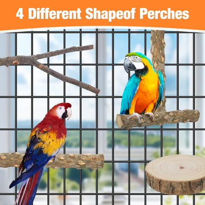 Bird Perch Stand, Pole Standing Natural Wood Bird Perch Set 7PCS Paw Grinding Fork Parrot Cage Branch with Rope Cage Accessories Toys for Parakeets, Cockatiels, Conure, Budgies