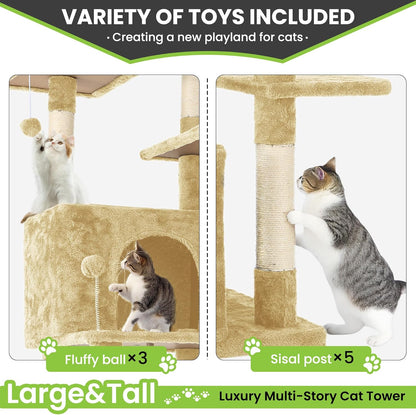 69in Large Cat Tree Tower for Indoor Cats with Soft Plush Hang Ball, Two Condos, Sisal Scratch Posts & Rope Play for Kittens/Adult Cats, Beige
