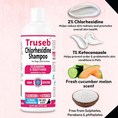 Truseb Topical Ketoconazole and Chlorhexidine Shampoo for Dogs, Cats, and Horses with Aloe - 16 oz (Ketoconazole & Chlorhexidine Shampoo, 16 oz)