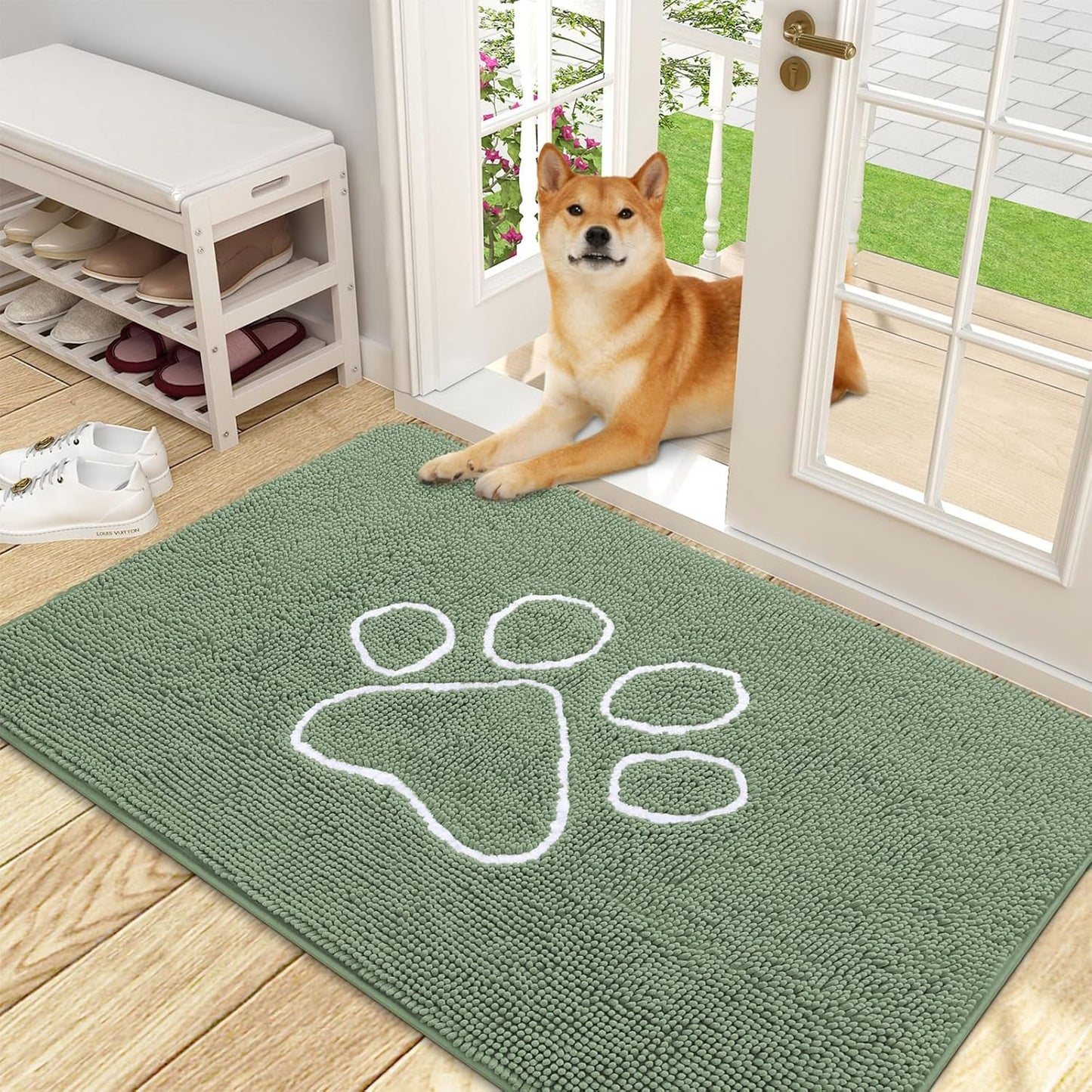 OLANLY Door Mat for Muddy Dog Paws 48x30, Absorbent Chenille Doormat with Paw Print Design, Non-Slip Washable Doormat for Indoor Entryway, Quick-Dry Pet Bed Mats for Dirty Dogs, Olive Green and White