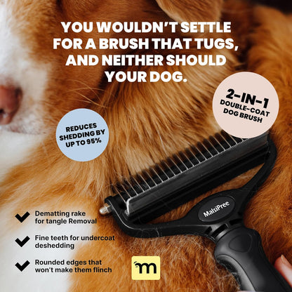 MalsiPree Dog Brush - Large, Black - 2-in-1 Undercoat Rake & Dematting Rake - Shedding Brush & Deshedding Tool for medium to Large Double-Coated Dogs & Cats
