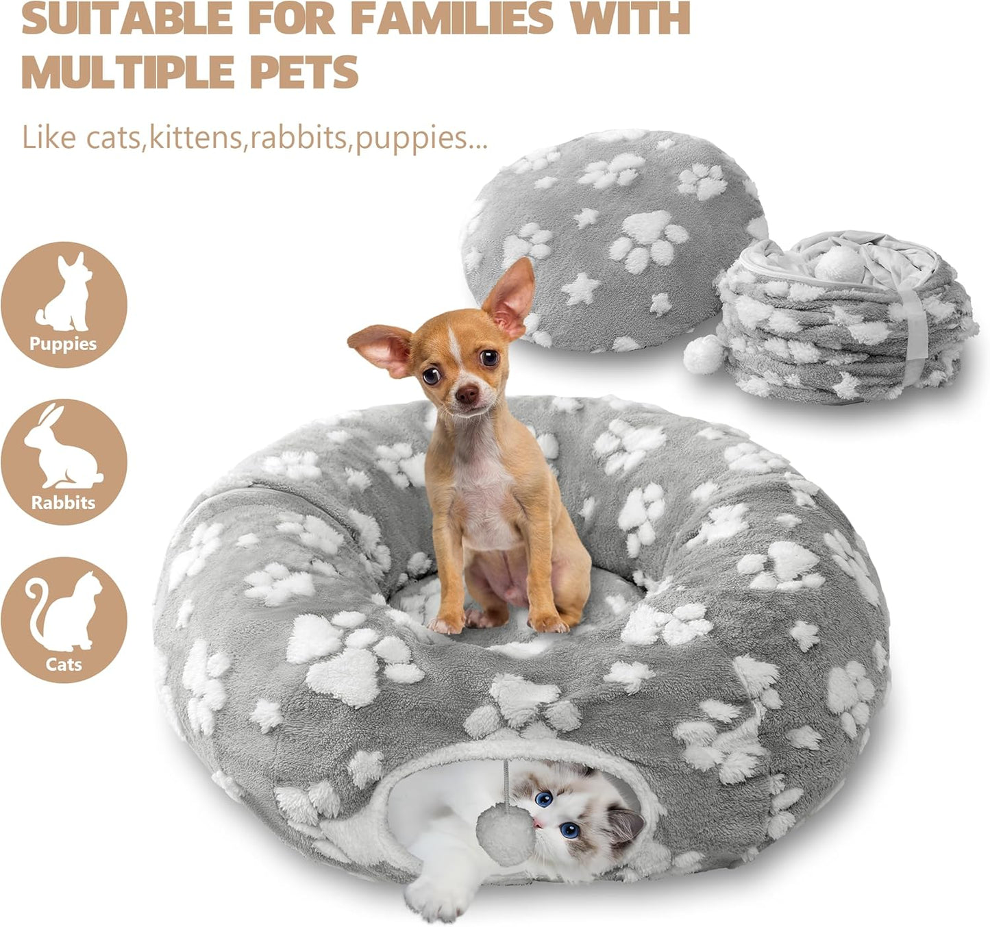 Cat Tunnel for Indoor Cats, Cute Peekaboo Cave with Dangling Balls, Pet Donut Tunnel Bed with Circle Mat for Puppy Kitten Rabbit, Grey