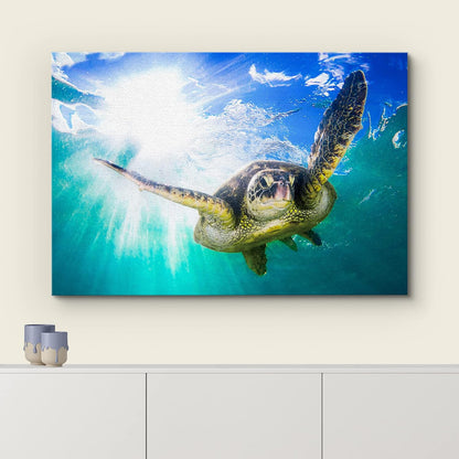 wall26 Canvas Print Wall Art Sunlight Tropical Ocean Underwater Turtle Nature Animals Photography Realism Rustic Scenic Landscape Wilderness Earth Colorful for Living Room, Bedroom, Office - 16"x24"