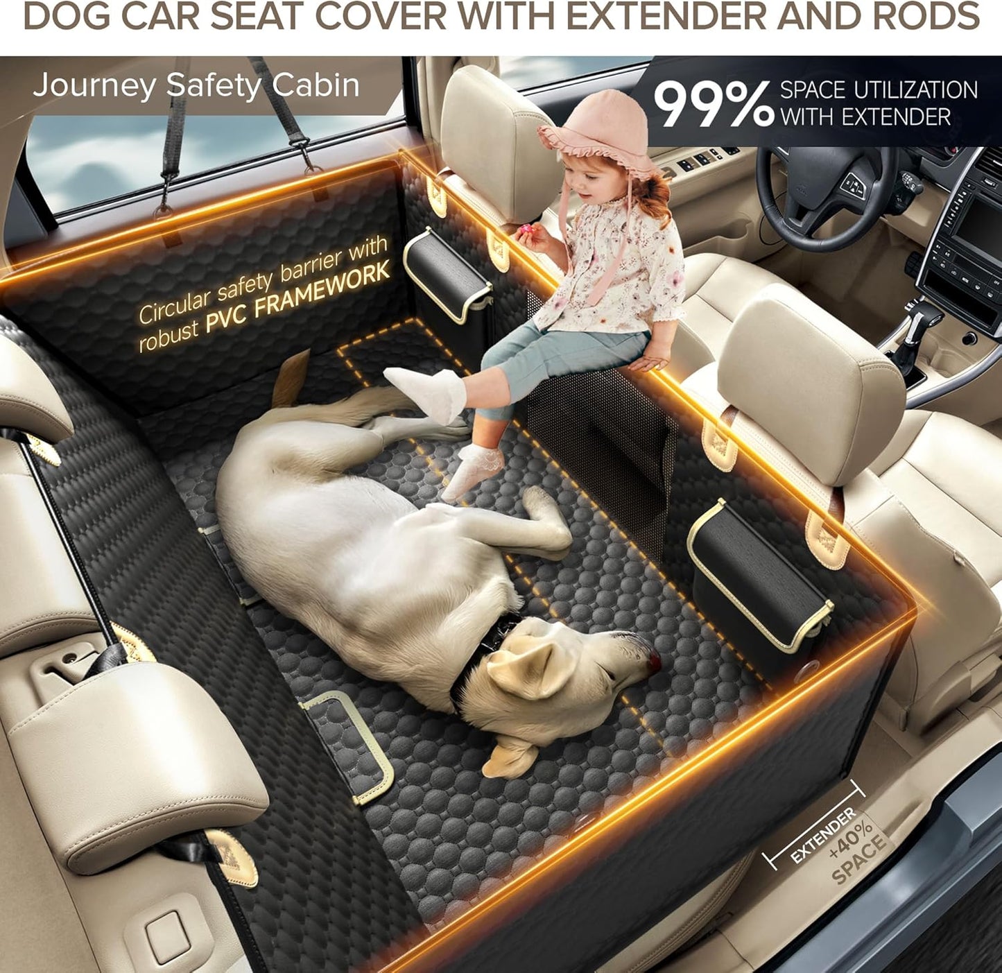 Back Seat Extender for Dogs, PVC Rods Support and Hard Bottom Car Seat Cover for Dogs, Heavy Duty Dog Car Seat Cover for Back Seat, Dog Hammock for Car, Waterproof Pet Bed For Car, SUV, Truck