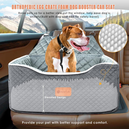 Memory Foam Booster Dog Car Seat for Medium Dogs Under 45 LBS, Elevated Pet Car Seat with Detachable Washable Cover, Anti-Slip Sturdy Dog Booster Seat with Seat Belt for Back Seat Travel
