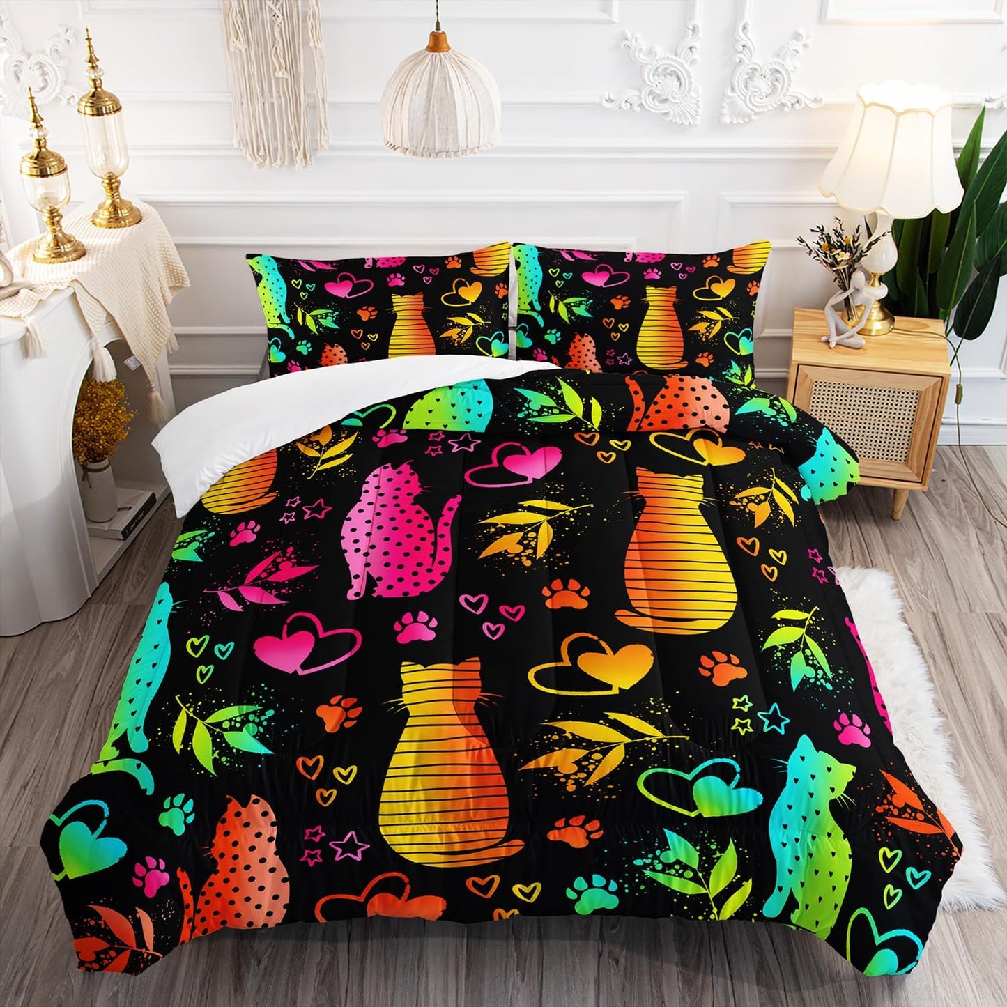 Kawaii Cat Animal Comforter 3Pcs Twin Lovely Pet Cat Bedding Set for Kid Teen Girl Boy Adult Room Decor Cartoon Kitten Paw Heart Bamboo Leaf Pattern Quilt with 1 Comforter and 2 Pillowcases