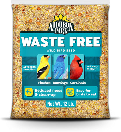 Audubon Park Waste Free Wild Bird Seed –12 lb. No Mess Blend with Sunflower Hearts & Peanut Pieces – Bird Food for Outside Feeders