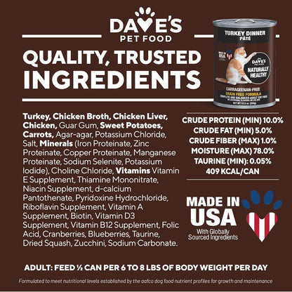 Dave's Pet Food Grain Free Wet Canned Cat Food (Turkey), Made in USA Naturally Healthy, Added Vitamins & Minerals, Gluten-Free, 12.5 oz Cans (12 Pack)