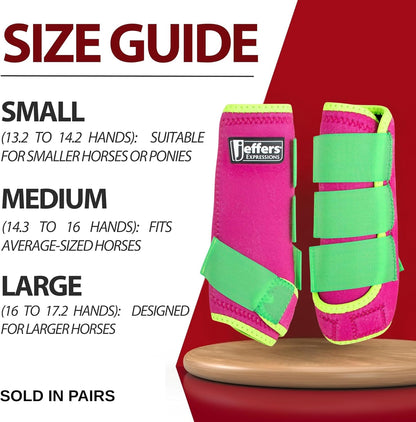 Jeffers Equine Neon Horse Boots – 1 Pair – Pink & Lime – Small Size – Breathable Neoprene, Secure Strap Closures – Durable Protection for Front & Hind Legs, Training, Trail & Riding Use