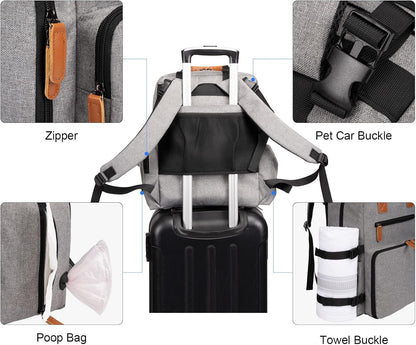 Modoker Dog Travel Bag, Airline Approved Backpack for Pet Accessories Organizer, Tote Weekend Bag with 2 Dog Food Storage Containers, 2 Collapsible Dog Bowls, 1 Pet Mat, Grey