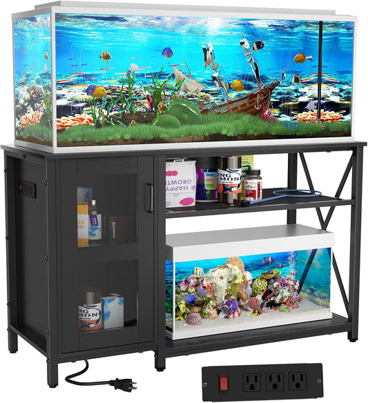 55-75 Gallon Fish Tank Stand , Aquarium Stand with Cabinet & Power Outlets for Fish Tank Accessories Storage, Heavy Duty Metal Terrarium Stand, 52" L*19" W Tabletop, 1200LBS Capacity, Black