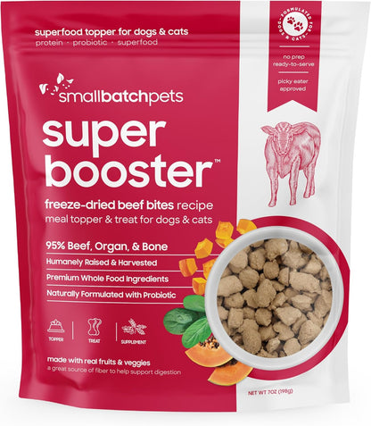 smallbatch Freeze Dried Dog Treats, Superfood Food Topper Beef Bites for Dogs & Cats, Probiotics, Organic Ingredients, High Protein, Grain Free Healthy Treat Food Topper, Made in The USA, 7 oz Bag