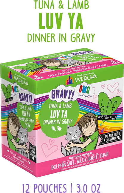 Weruva B.F.F. OMG - Best Feline Friend Oh My Gravy!, Tuna & Lamb Luv Ya with Tuna & Lamb in Gravy Cat Food, 3oz Pouch (Pack of 12)