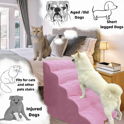 Dog Stairs & Pet Ramp for Small/Large Dogs to High Beds/Couches - 5 Steps 24-inch Height for 18-30 inch Furniture, 2 Washable Covers (Pink, Grey), Non-Slip Balanced 33D Design for Old Dogs & Cats