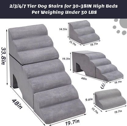Dog Stair Steps for High Beds 36 inches Tall, 33D Foam Dog Ramp for Bed 32 inches, 7-Step Pet Stair Steps for Small Large Dogs for Bed Climbing, Non-Slip Dog Steps for Older Dogs/Cats, Grey