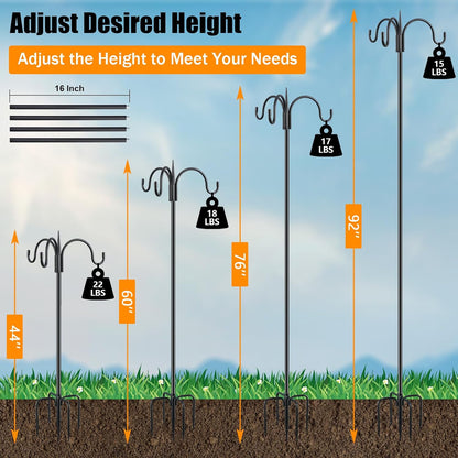 FEED GARDEN [Upgrade Version 92 Inch Three Shepherd Hooks for Outdoor,Bird Feeder Pole with 5 Prong Base, Adjustable Shepard Hooks for Hanging Plant, Solar Lanterns, Wind Chimes, 2 Pack