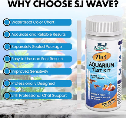 7 in 1 - Aquarium Test Strips | 100 Fast & Accurate Strips | Fish Tank Aquariums Water Test Kit & ebook | Aquarium Thermometer | Fish Tank Water Testing Kit for Fresh & Saltwater | Versatile Usage