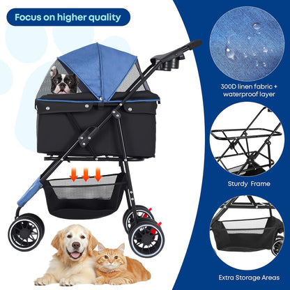 Pet Stroller,Dog Stroller for Small Medium Dogs Cats,3 Wheels,Foldable,with Breathable Mesh Canopy,Cup Holders,Easy Assembly,Blue+Black