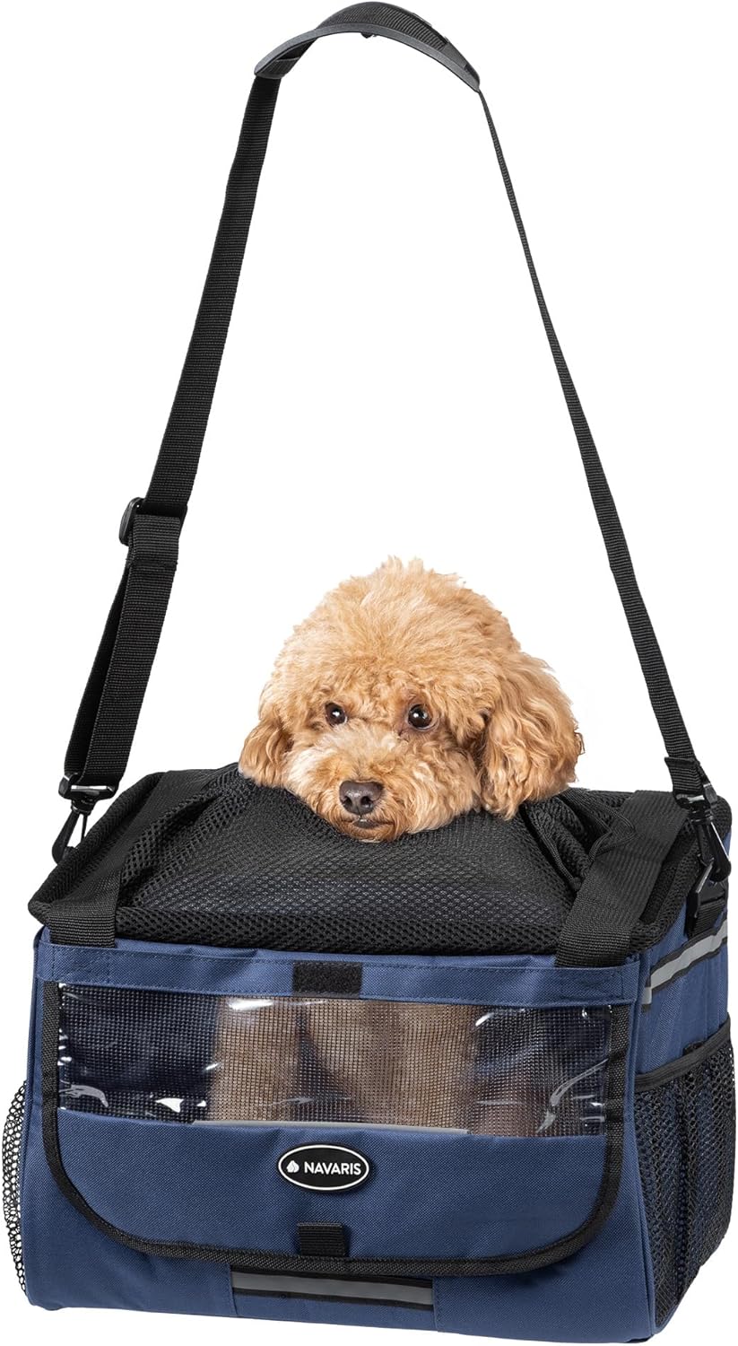 Navaris Pet Carrier for Bikes - Bike Basket Dog Carrier - Ideal Carriers for Small to Medium Dogs Up to 10kg (22lbs) - Drawstring Bag with Secure Locks and Strap - Blue