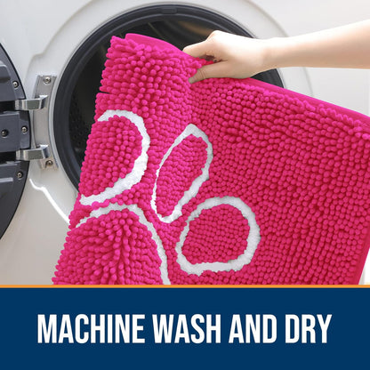 OLANLY Door Mat for Muddy Dog Paws 36x24, Ultra Absorbent Chenille Mud Doormat with Paw Print Design, Non-Slip Washable Doormat for Indoor Entryway, Quick-Dry Pet Bed Mats for Dirty Dogs, Hot Pink