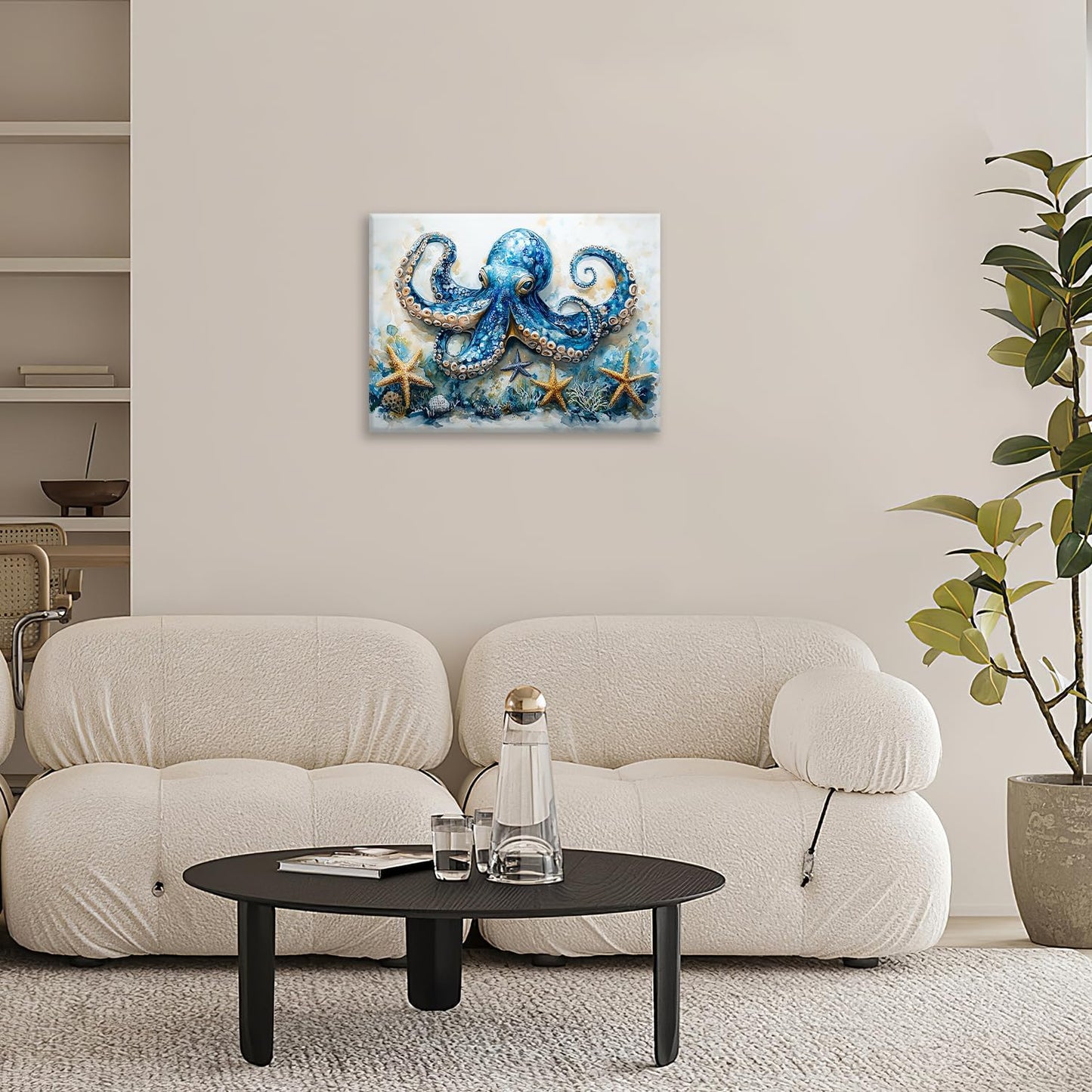 Octopus Bathroom Pictures Wall Art, Sea Animal Ocean Bathroom Wall Decor, Nautical Framed Painting Canvas Artwork for Bedroom Living Room Decorations 16"L x 12"W