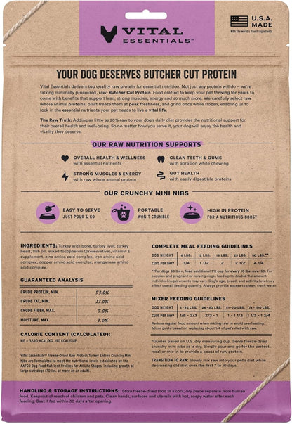 Vital Essentials Freeze-Dried Raw Turkey Meal or Mixer Dog Food Crunchy Mini Nibs, 14 oz