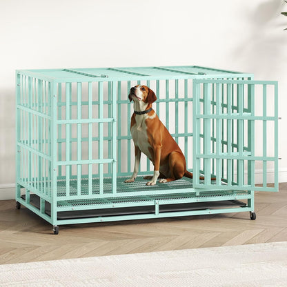 48IN Heavy Duty Dog Crate Steel Escape Proof, Indoor Double Door High Anxiety Cage Removable Tray, Extra Large,Green