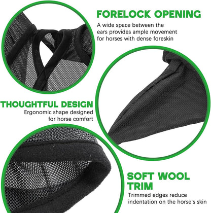 2 Pcs Horse Fly Mask with Ears Adjustable UV Protection Horse Fly Mask Accessories Large Eye Space with Ears for Horses Summer, Black and Gray, L