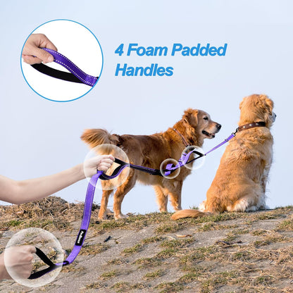 PetBonus Double Dog Leash, No Tangle Dual Leash, Reflective Walking Training Lead, 4 Comfortable Padded Handles for 2 Dogs with Collapsible Bowl and Waste Bags (Purple, Large)