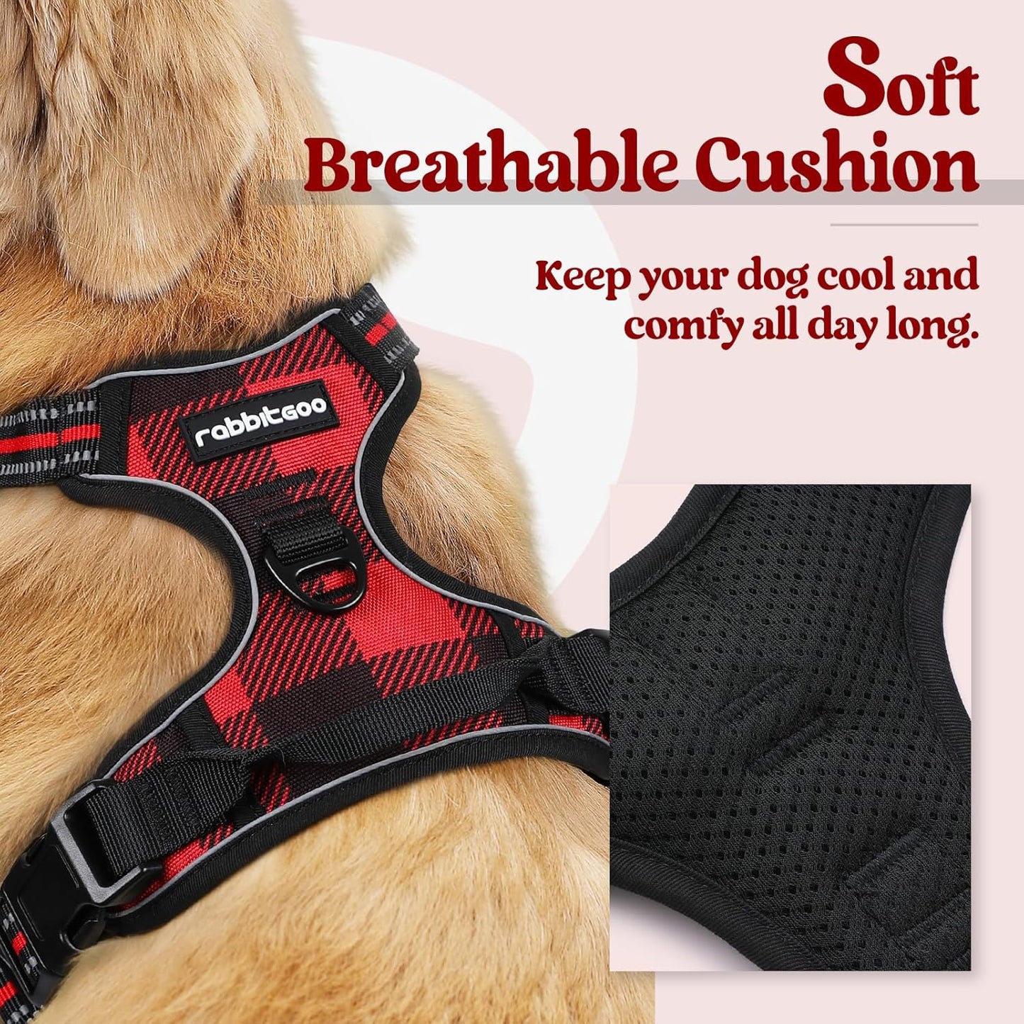 rabbitgoo Dog Harness No Pull with 2 Leash Clips, Adjustable Soft Padded, Reflective Oxford No Choke Pet Vest with Easy Control Handle for Small Dogs, Red Plaid, S