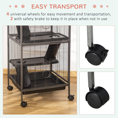 PawHut Metal Small Animal Cage, 4-Tiers Rolling Big Ferret Cage with Hammock, Removable Tray, for Chinchilla, Sugar Glider, Gray
