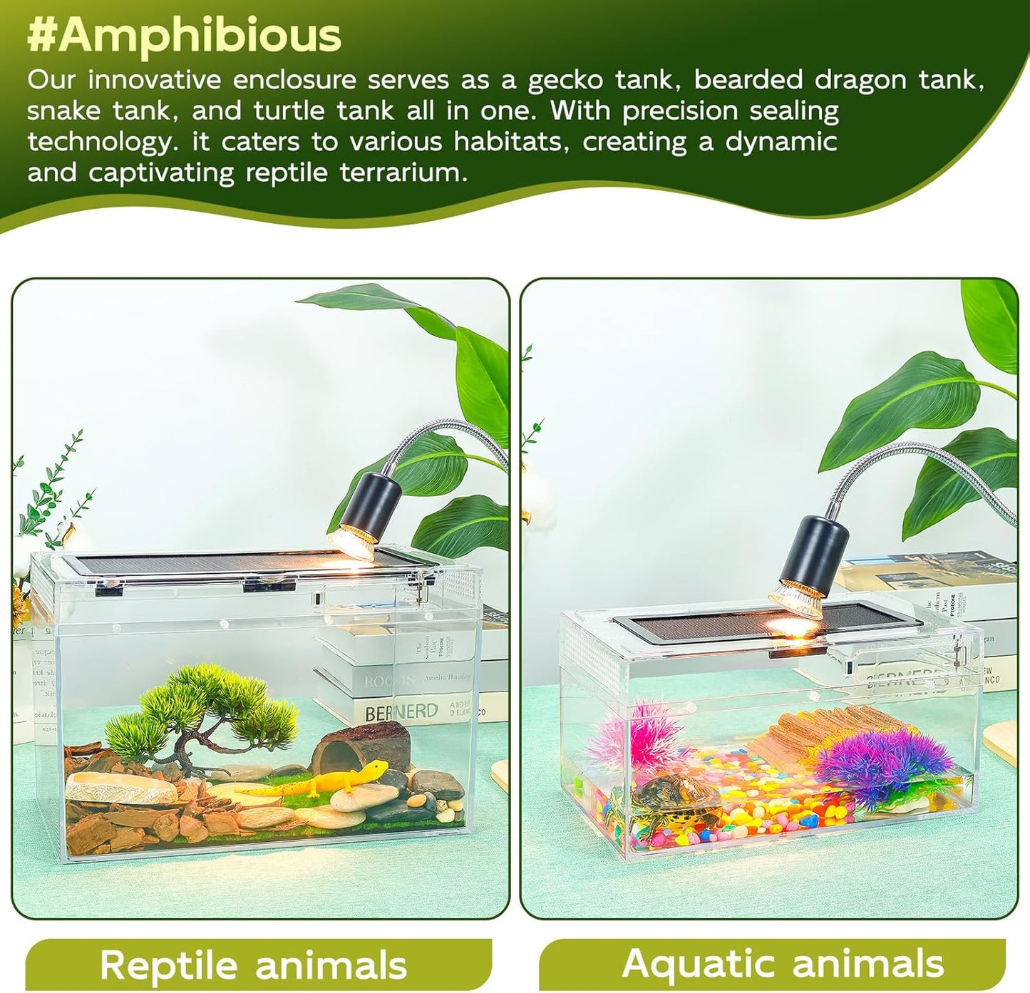 12.5''×6''×7'' Reptile Tank Kit with Heat Lamp, Spray Bottle, Shovel, Tweezers, Food Bowl, Hideout -Perfect for Geckos, Snakes, Lizards, Turtles, Jumping Spider,Milk Frog,Hermit Crabs