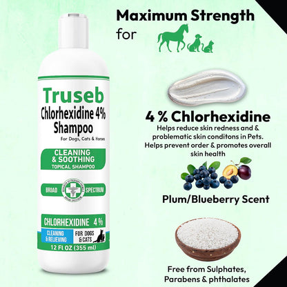 Truseb Topical Chlorhexidine 4% Shampoo for Dogs, Cats, and Horses with Plum/Blueberry Scent - 12 oz - Made in U.S.A (Chlorhexidine 4% Shampoo, 12 oz)
