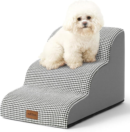 Dog Stairs for Small Dogs 15.7" H, Curved Dog Step for Puppy, Older Cat, Medium Pet Ramp for Sofa, Couch or Chair, Ladder with High Density Foam, 15.7x22.4x15.7 inch, 3 Step, White Black
